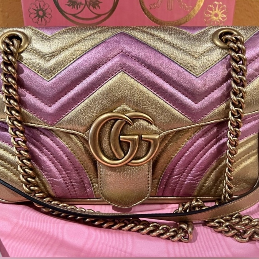Gucci Pink and Gold Chevron Quilted Shoulder Bag